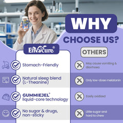 EnvyCure Melatonin Gummies packaging graphic highlighting vegan and sugar-free formula