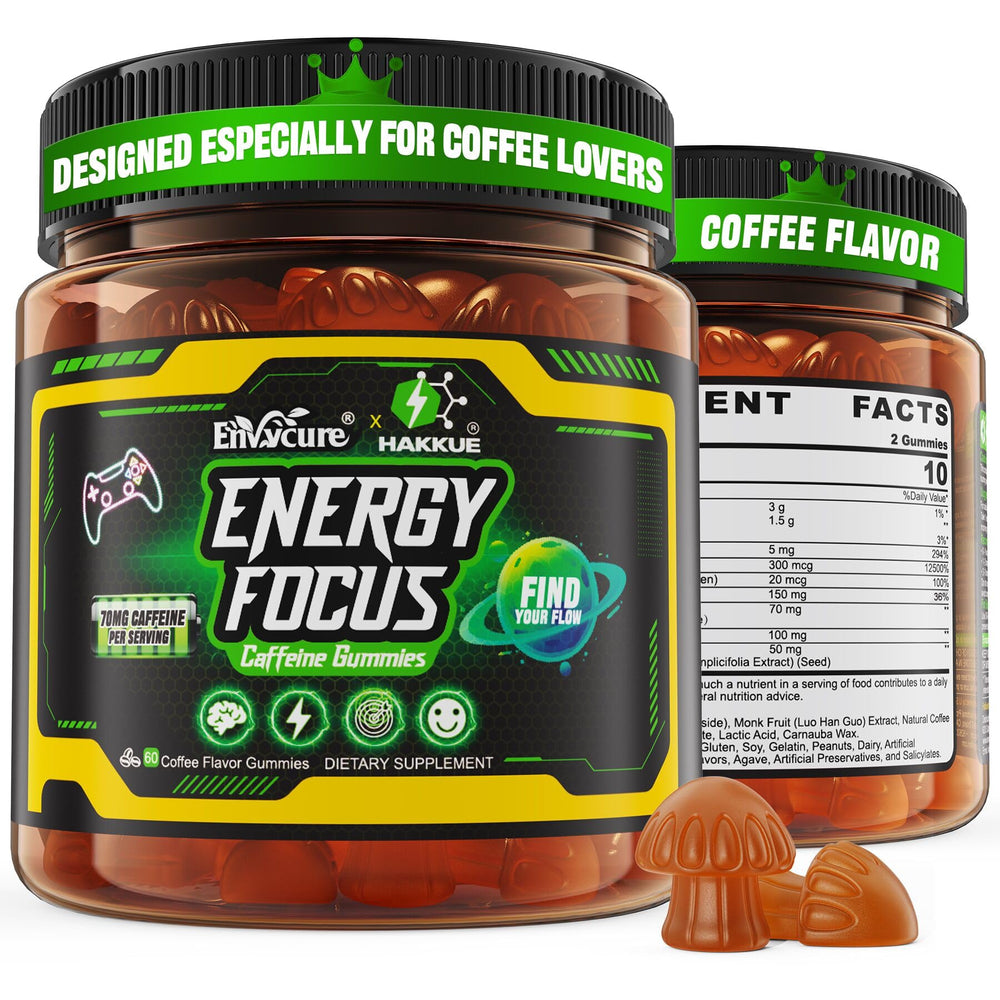 EnvyCure Neuro-Balanced Energy Gummies bottle promotes crash-free daytime energy