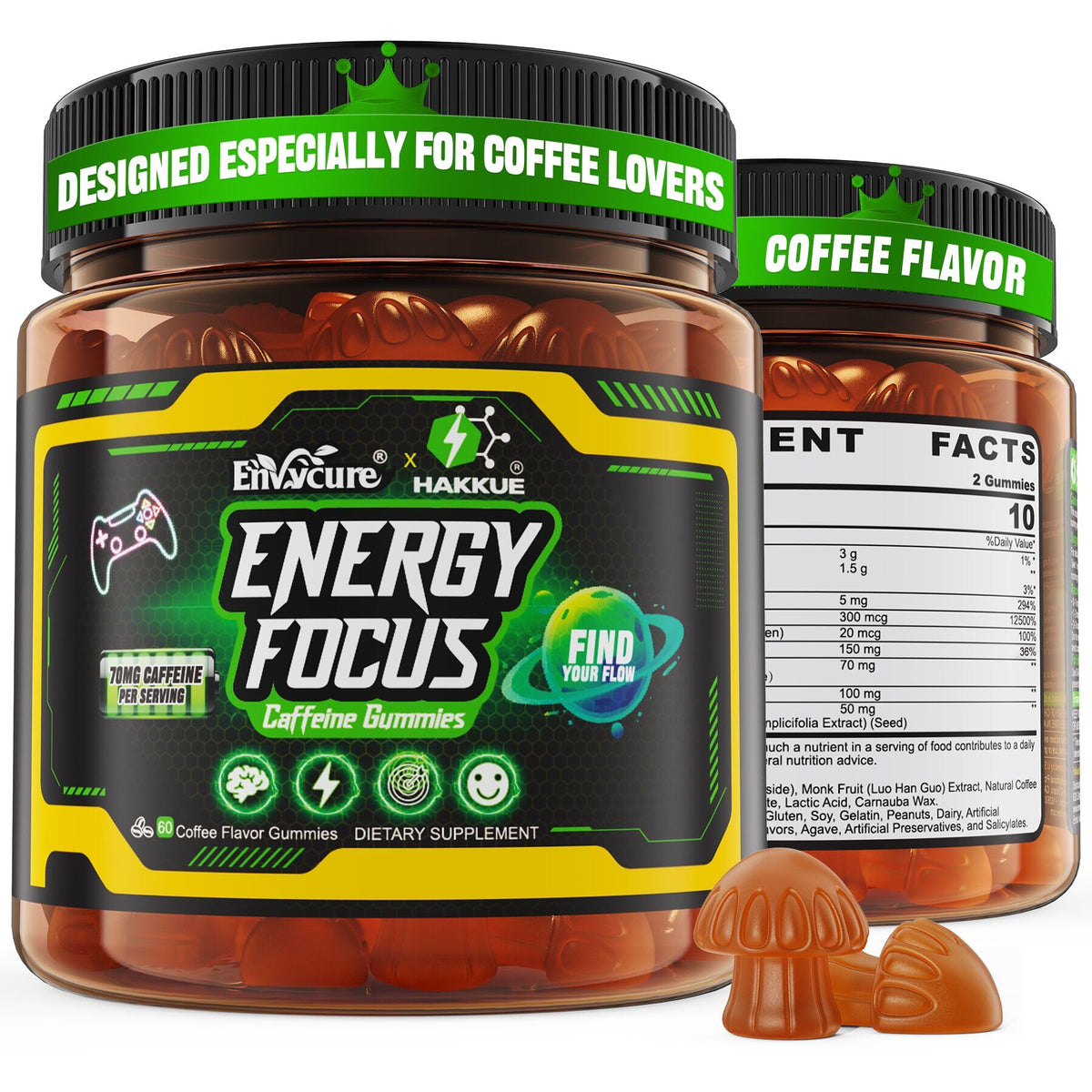 EnvyCure Neuro-Balanced Energy Gummies bottle promotes crash-free daytime energy