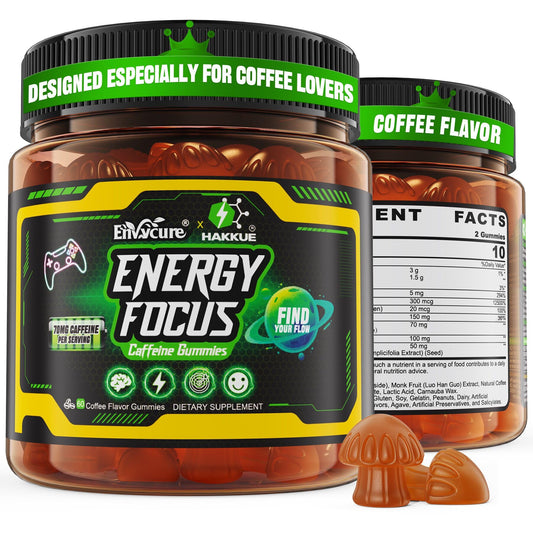 EnvyCure Neuro-Balanced Energy Gummies bottle promotes crash-free daytime energy