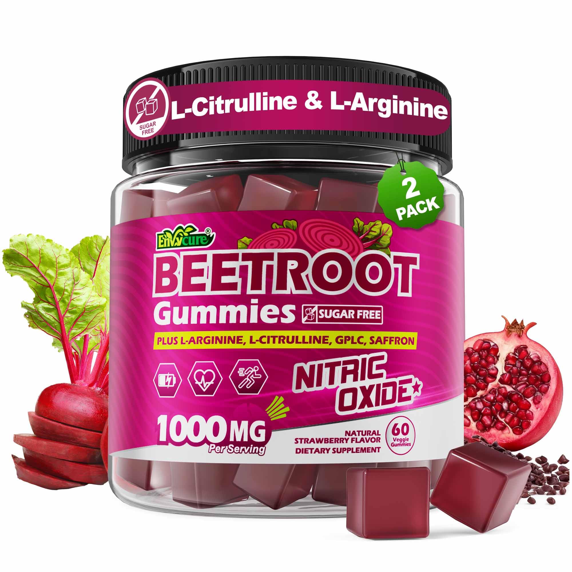 EnvyCure Beet Root Gummies bottle highlights a nutrient-dense formula for circulation support.