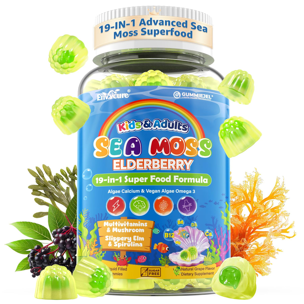 EnvyCure Sea Moss + Elderberry Gummies bottle for family immune support with a tasty chew.
