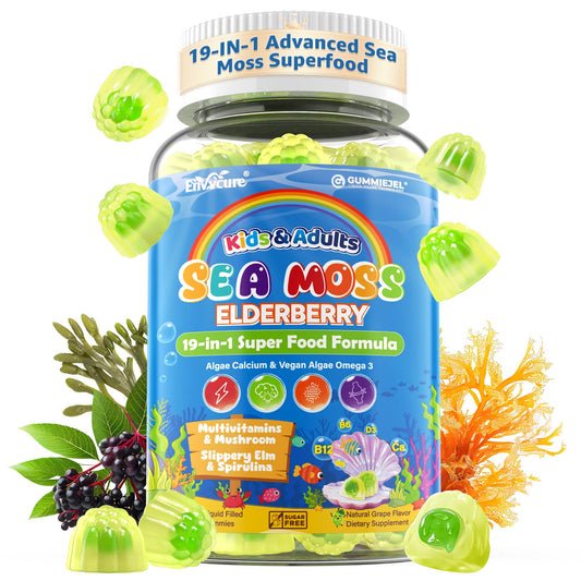 EnvyCure Sea Moss + Elderberry Gummies bottle for family immune support with a tasty chew.