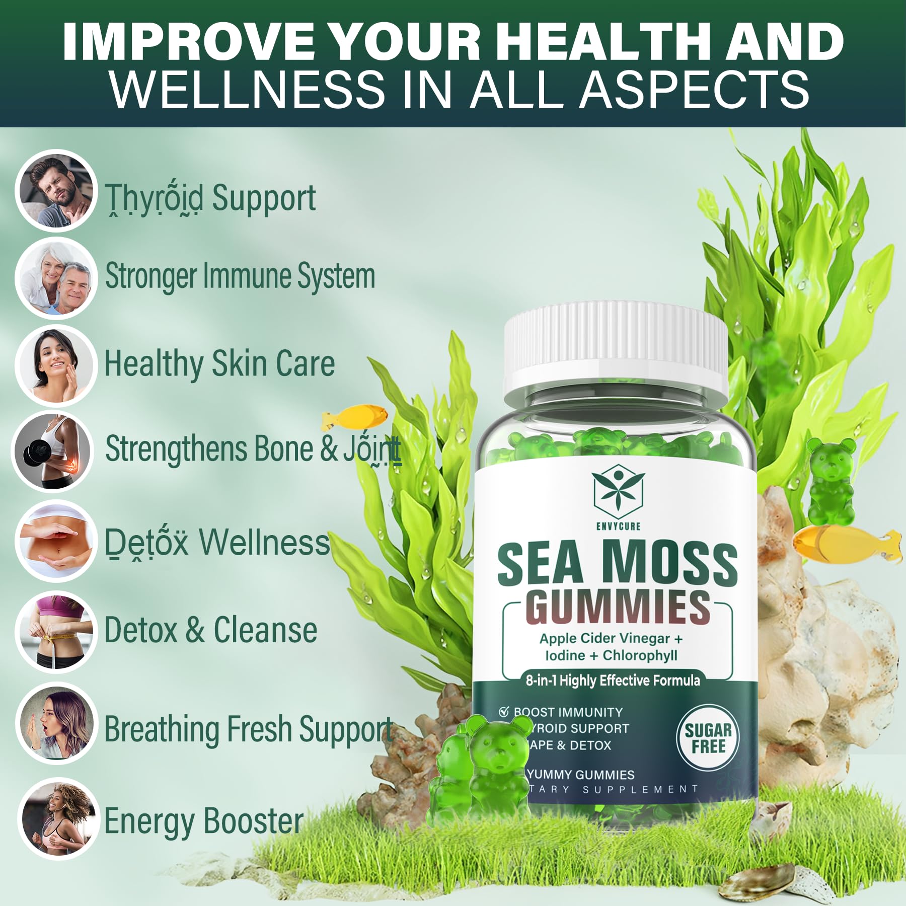 EnvyCure Sea Moss Gummies close-up of burdock root and chlorophyll.