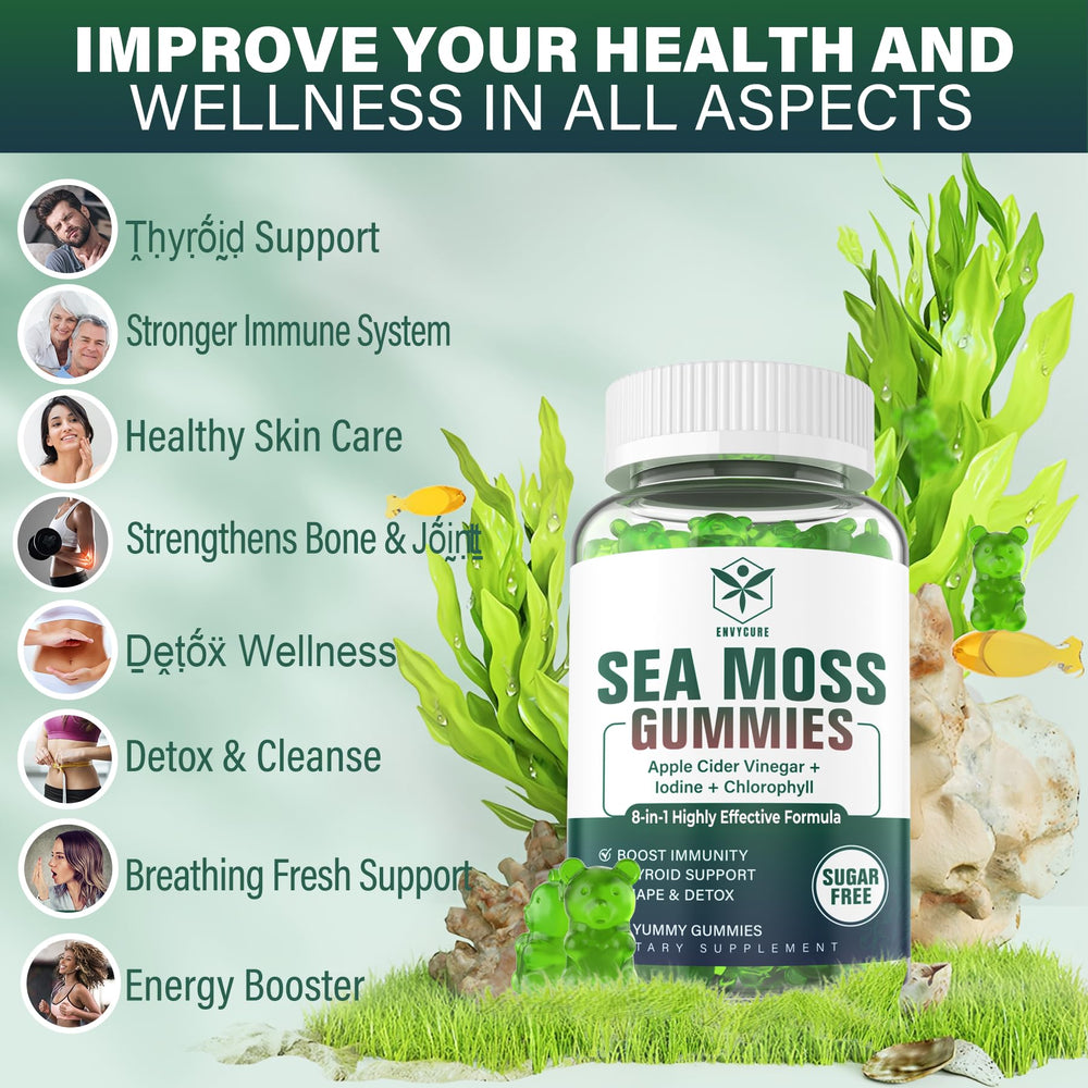 EnvyCure Sea Moss Gummies close-up of burdock root and chlorophyll.
