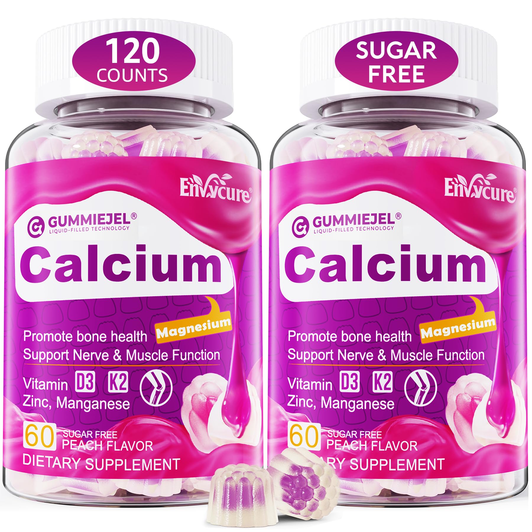 EnvyCure sugar-free calcium citrate gummies with center liquid-filled texture for high absorption.