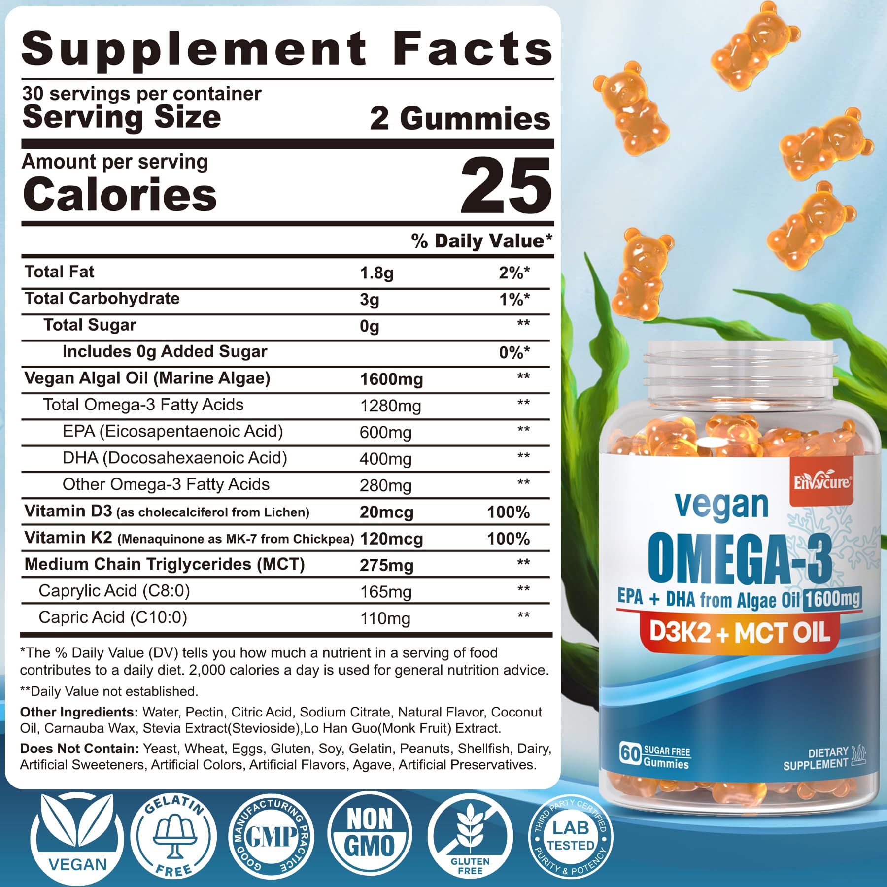 EnvyCure vegan omega-3 gummies bottle close-up showing no fish taste.