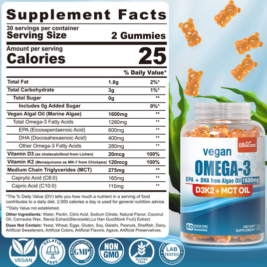 EnvyCure vegan omega-3 gummies bottle close-up showing no fish taste.