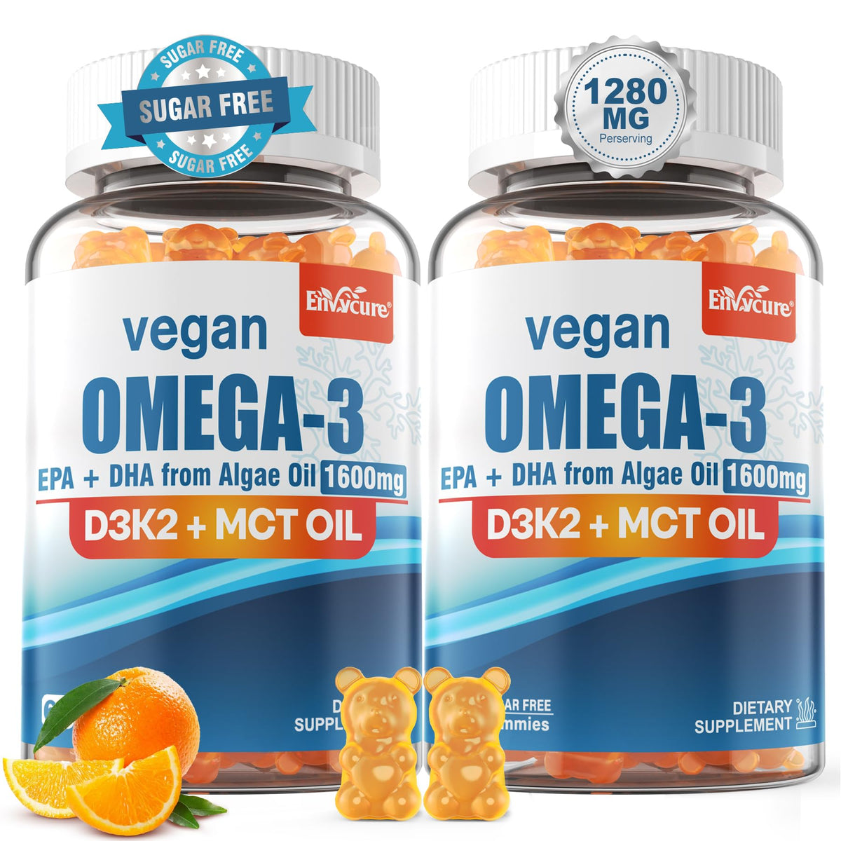 EnvyCure vegan omega-3 gummies bottle with orange flavor for daily wellness.