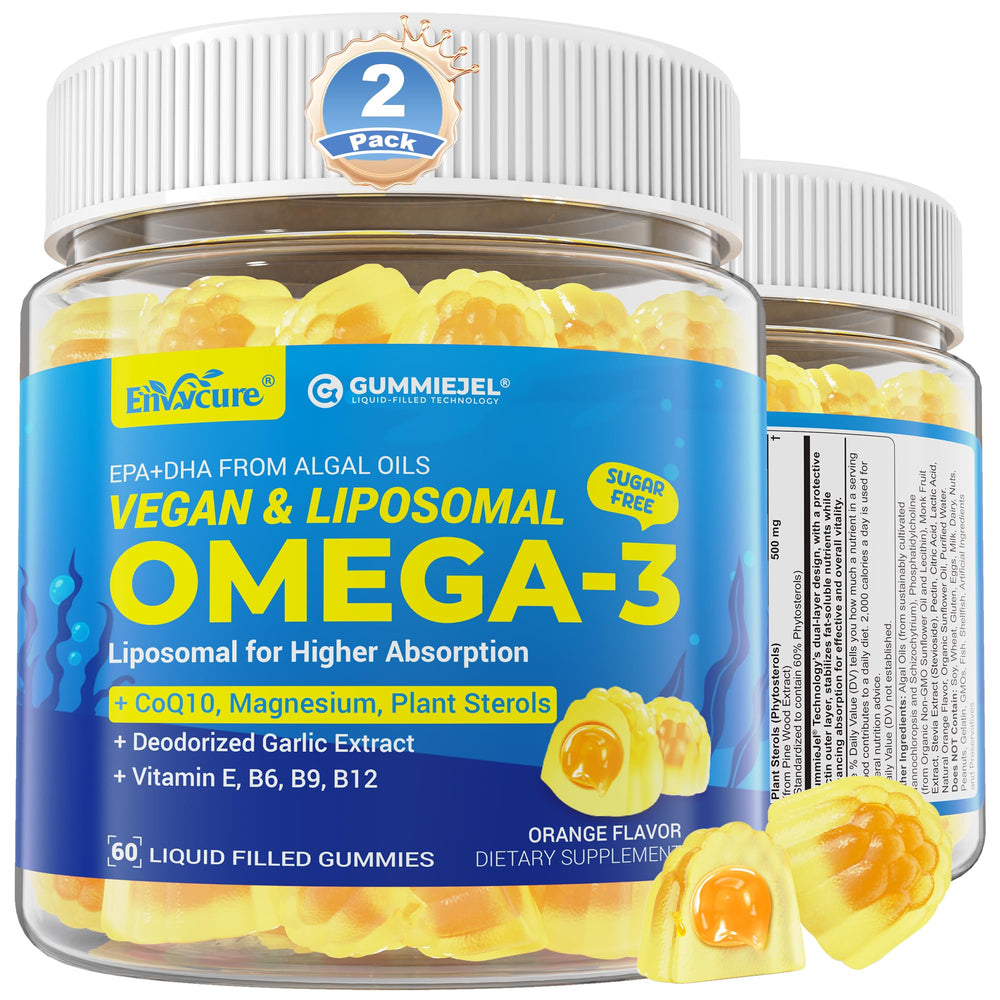 EnvyCure vegan omega-3 gummies bottle front suggesting heart and brain support