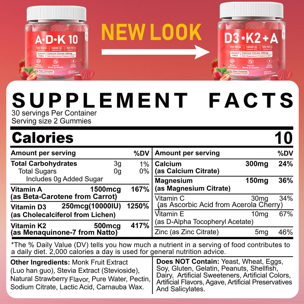 EnvyCure Vitamin D3 K2 A Gummies bottle back lists ingredients supporting calcium transport
