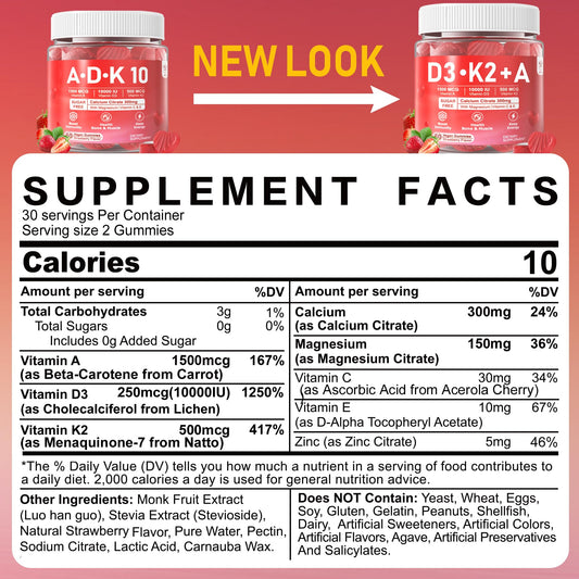 EnvyCure Vitamin D3 K2 A Gummies bottle back lists ingredients supporting calcium transport