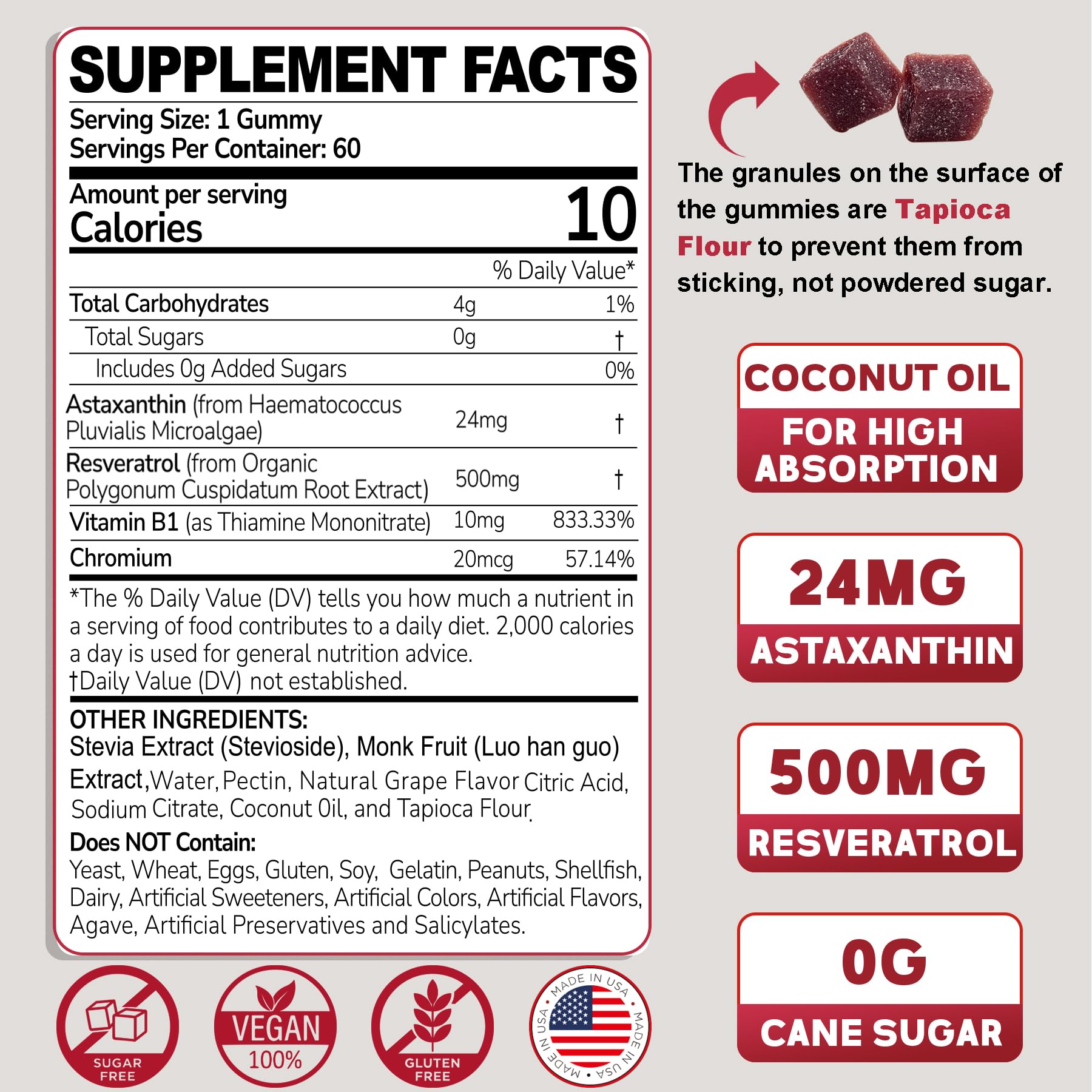 EnvyDeal Astaxanthin Gummies label shows 24 mg strength and clean ingredients.