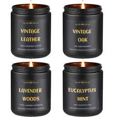 Enwhisco leather candle in a black jar enhances a study with refined aroma.