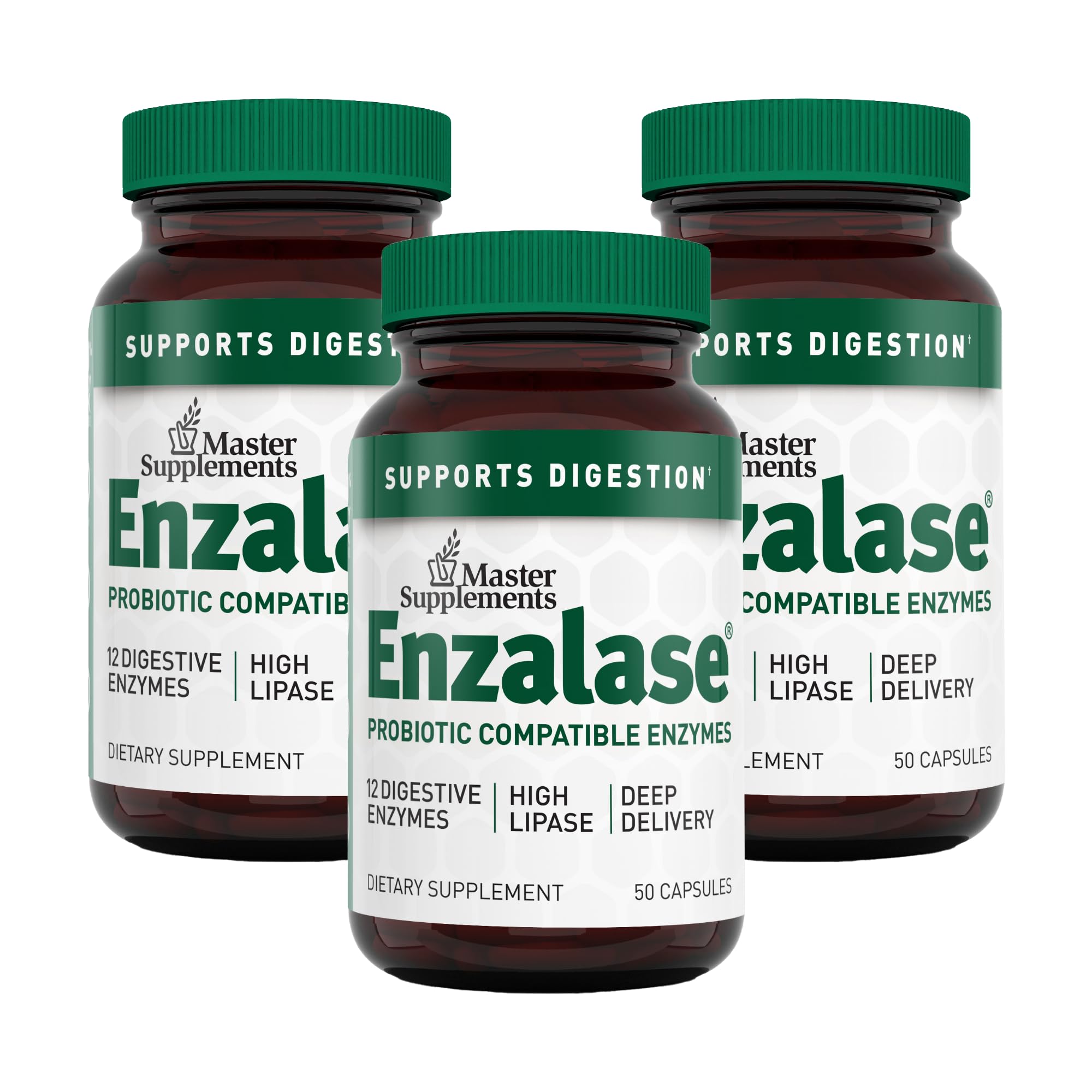 Enzalase bottle and capsules on kitchen counter for digestion support