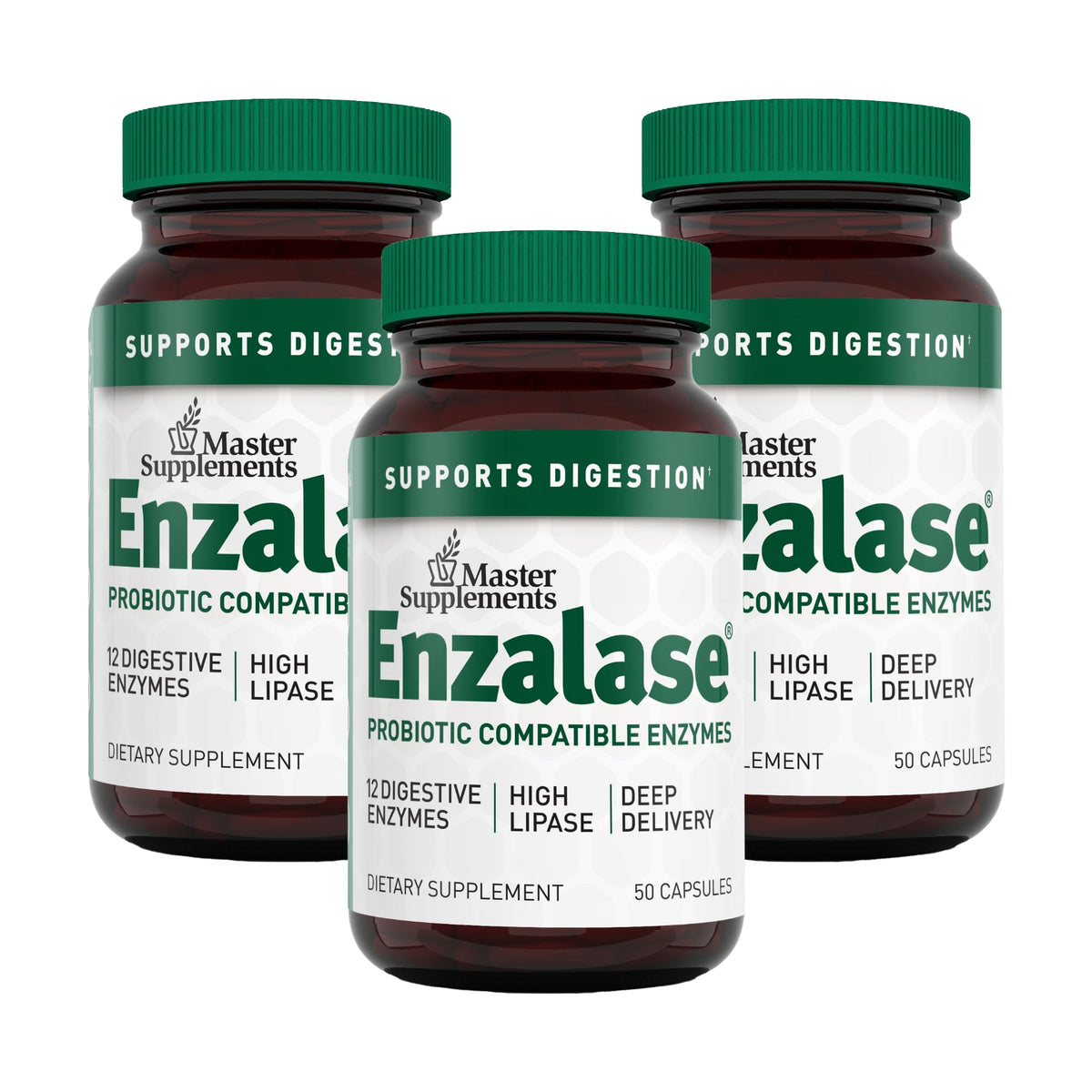 Enzalase bottle and capsules on kitchen counter for digestion support