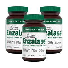 Enzalase bottle and capsules on kitchen counter for digestion support