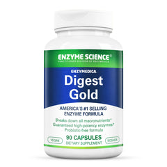 Enzyme Science Digest Gold bottle front offers vegan digestive support after meals.
