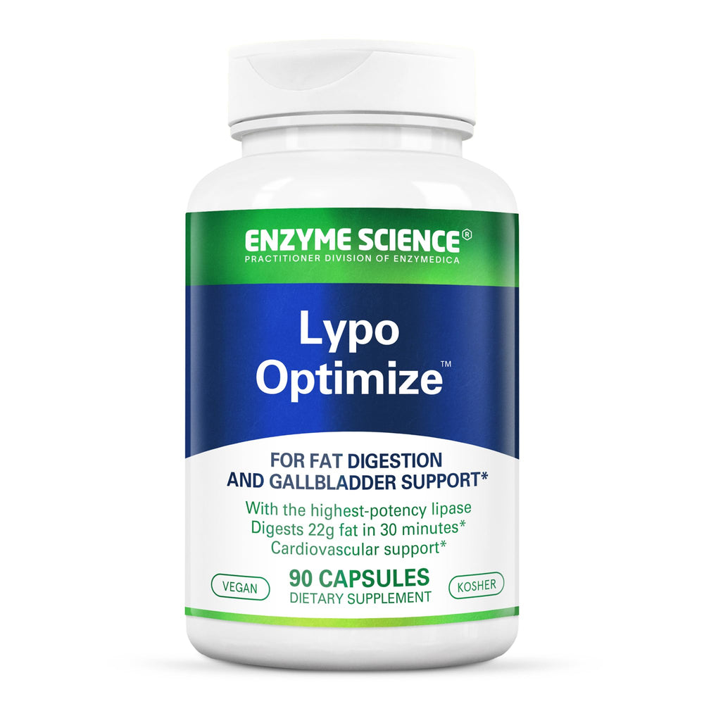 Enzyme Science Lypo Optimize bottle front with capsules for fat digestion support.