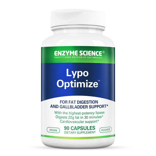 Enzyme Science Lypo Optimize bottle front with capsules for fat digestion support.