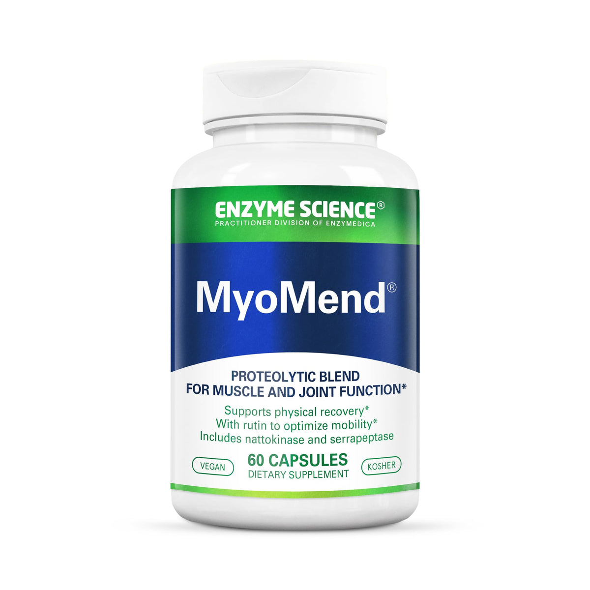 Enzyme Science Myomend bottle label highlights vegan and kosher quality.