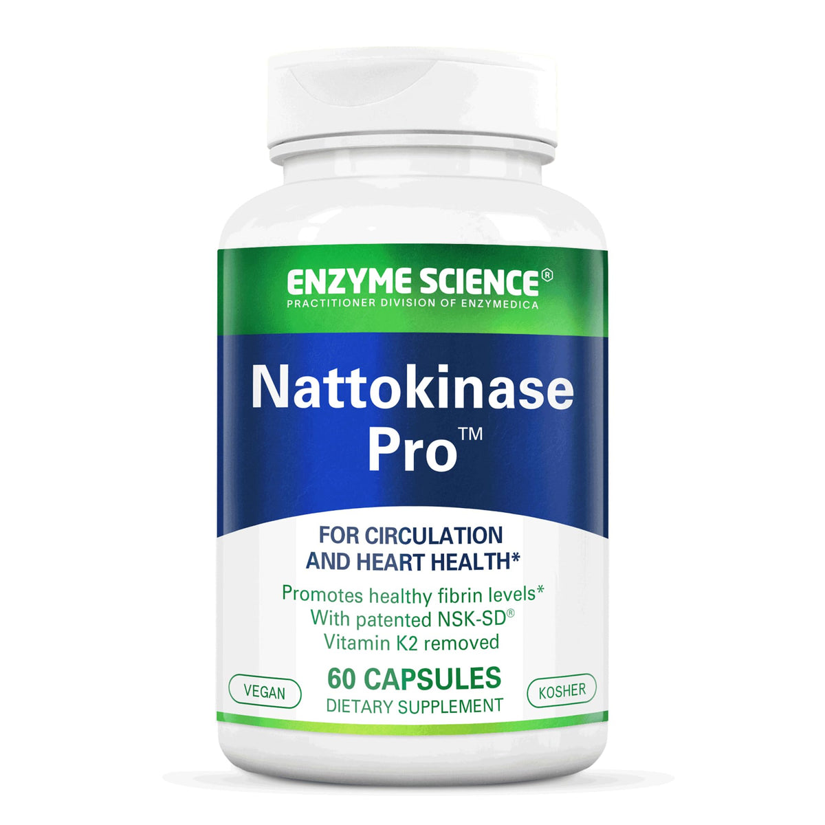 Enzyme Science Nattokinase Pro bottle label highlighting organic vegan and kosher attributes for everyday use.