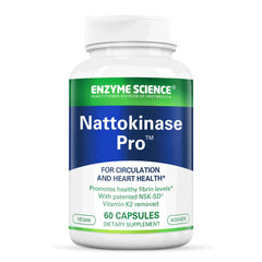 Enzyme Science Nattokinase Pro bottle label highlighting organic vegan and kosher attributes for everyday use.
