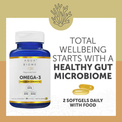 Bottle label of Enzymedica Aqua Biome Omega highlighting key attributes