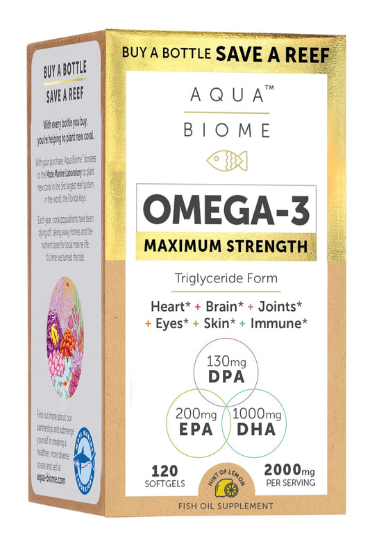 Enzymedica Aqua Biome Fish Oil bottle on a kitchen counter for daily wellness.