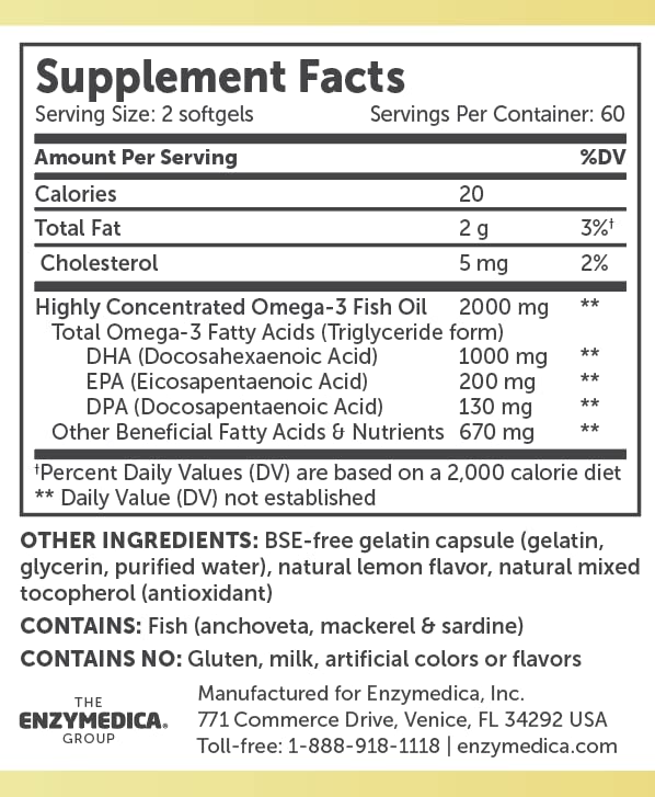 Close-up of Enzymedica Aqua Biome Fish Oil label showing omega-3 ratios.