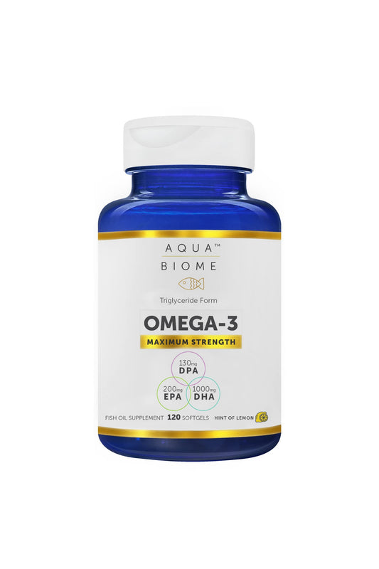 Two Enzymedica Aqua Biome Fish Oil softgels for daily support.