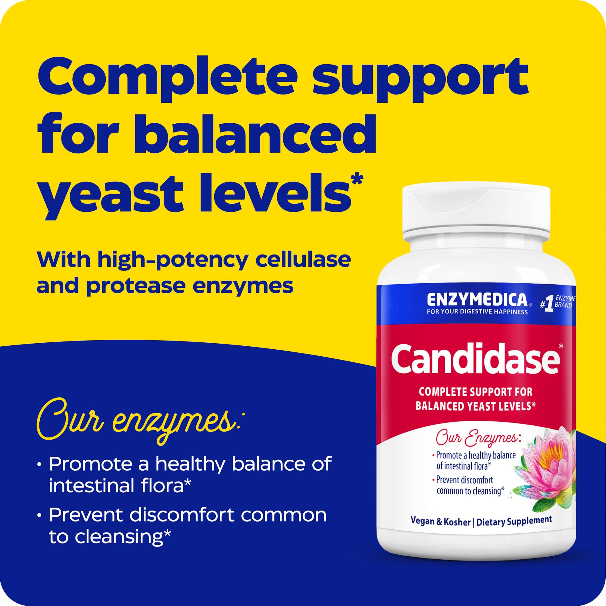 Enzymedica Candidase capsules closeup emphasizes vegan formula for clean digestion