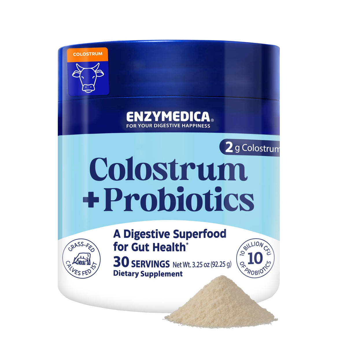 Enzymedica Colostrum Powder bottle shows grass-fed formula for gut health