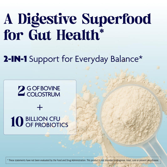 Enzymedica Colostrum Powder scoop highlights 2g dose and probiotic blend