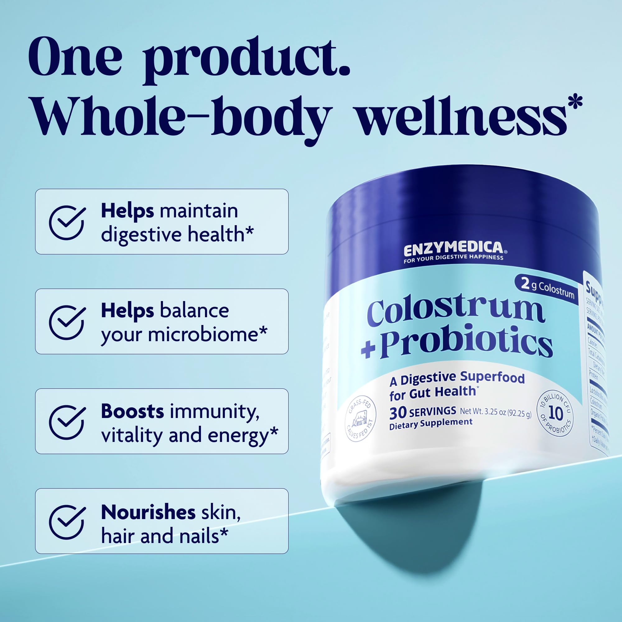 Enzymedica Colostrum Probiotics label indicates 10B CFU per scoop