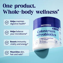Enzymedica Colostrum Probiotics label indicates 10B CFU per scoop