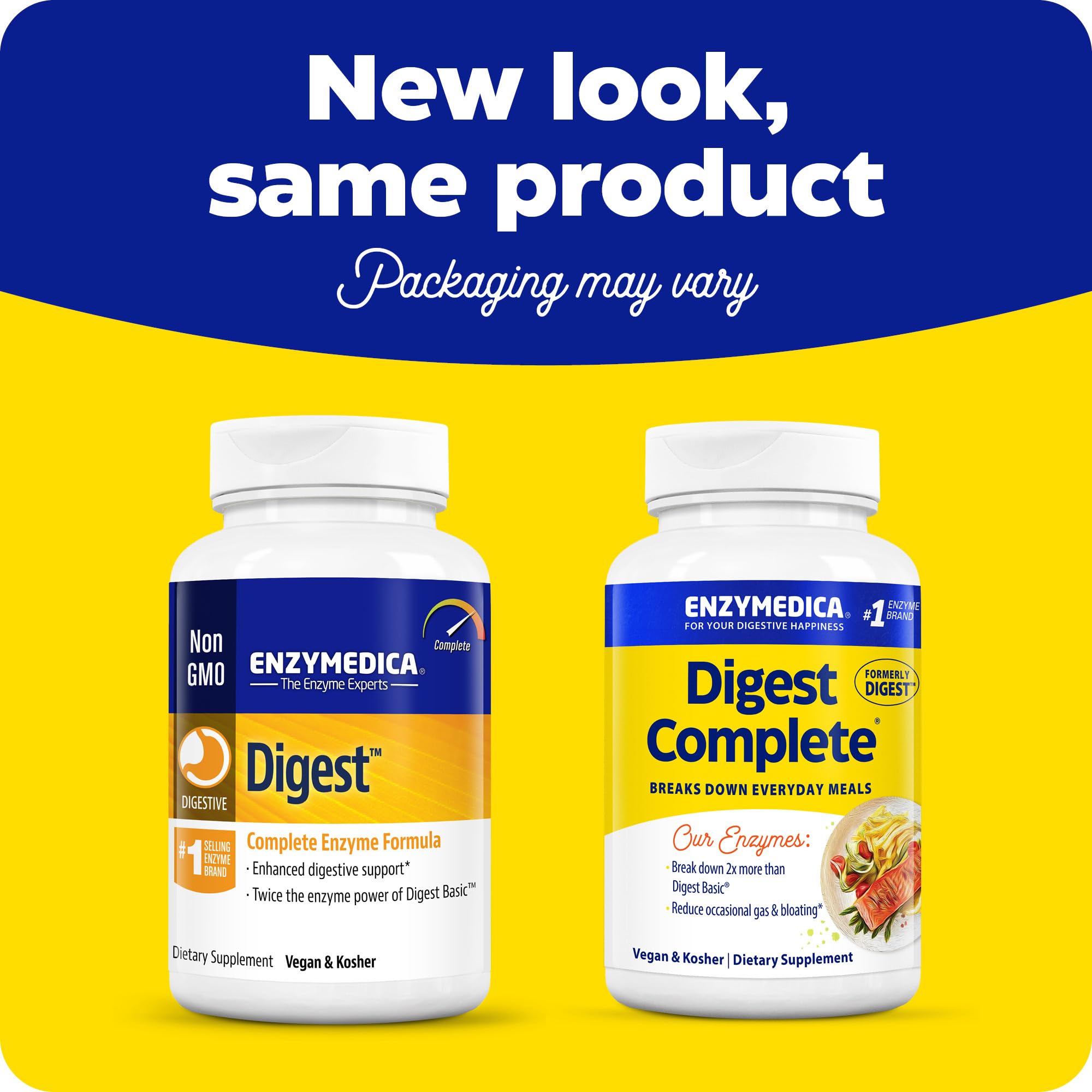 Enzymedica Digest Complete capsules close-up showing easy-to-take support after meals.