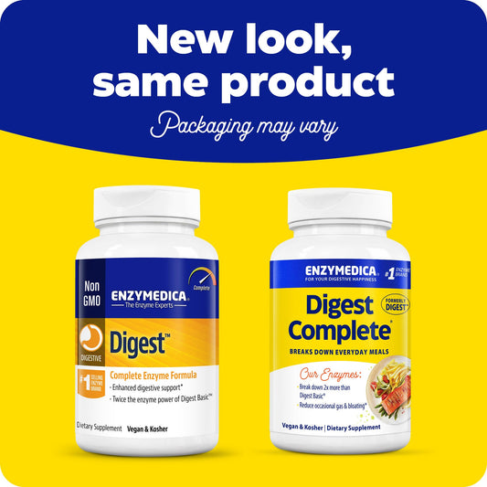 Enzymedica Digest Complete capsules close-up showing easy-to-take support after meals.
