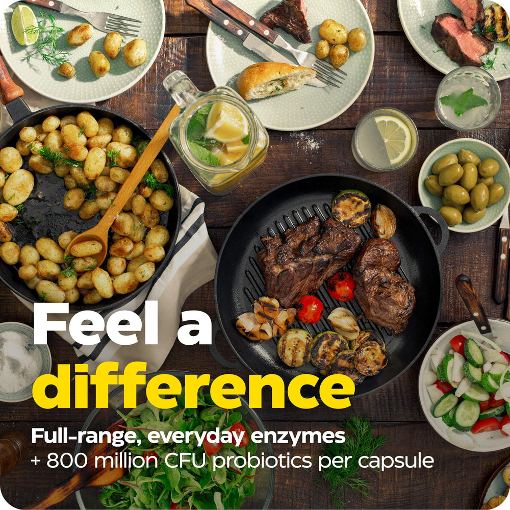 Enzymedica Digest Complete + Probiotics capsule scene, Thera-blend enzymes shown.