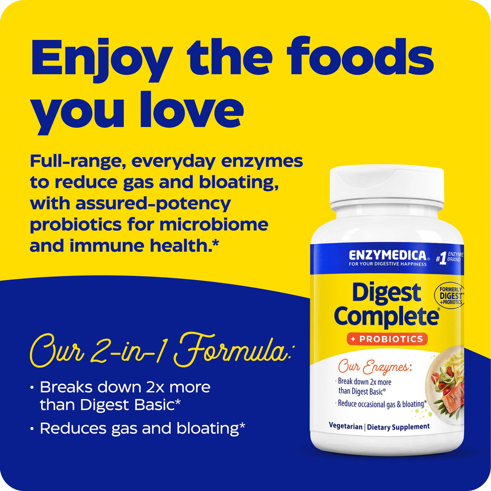 Enzymedica Digest Complete + Probiotics label detail, ingredients clearly listed.