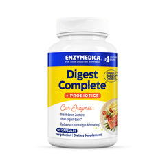 Enzymedica Digest Complete + Probiotics capsule closeup, digestion-friendly enzyme-probiotic blend.