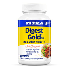 Enzymedica Digest Gold ATPro bottle pour after a large meal, suggesting quick support
