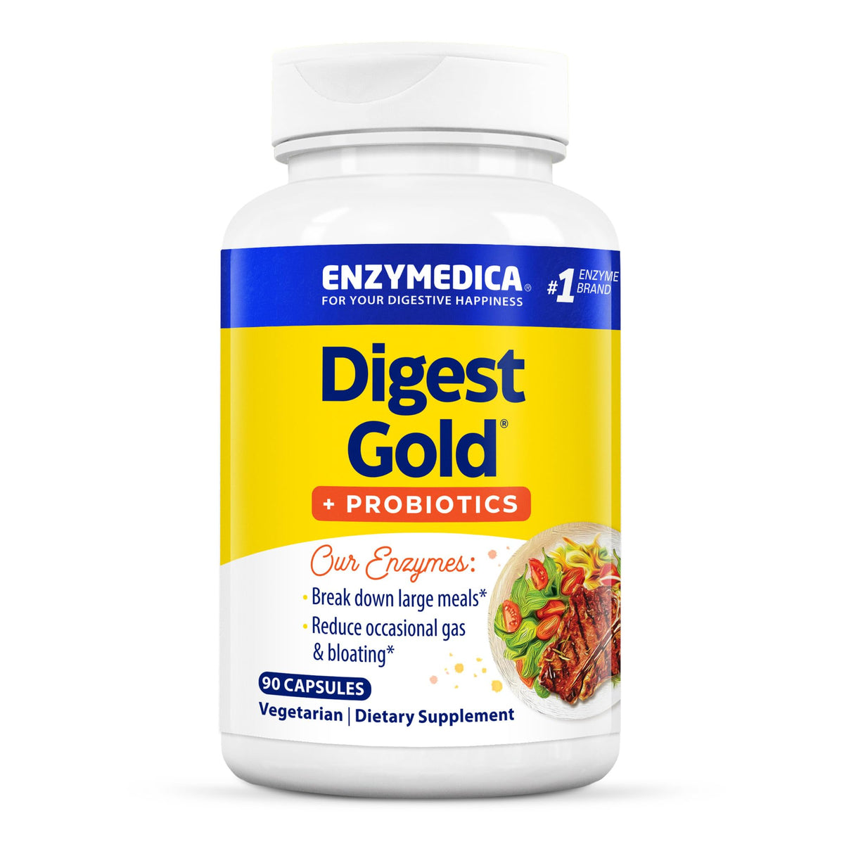 Enzymedica Digest Gold bottle front showcases dual-action formula for digestive support.