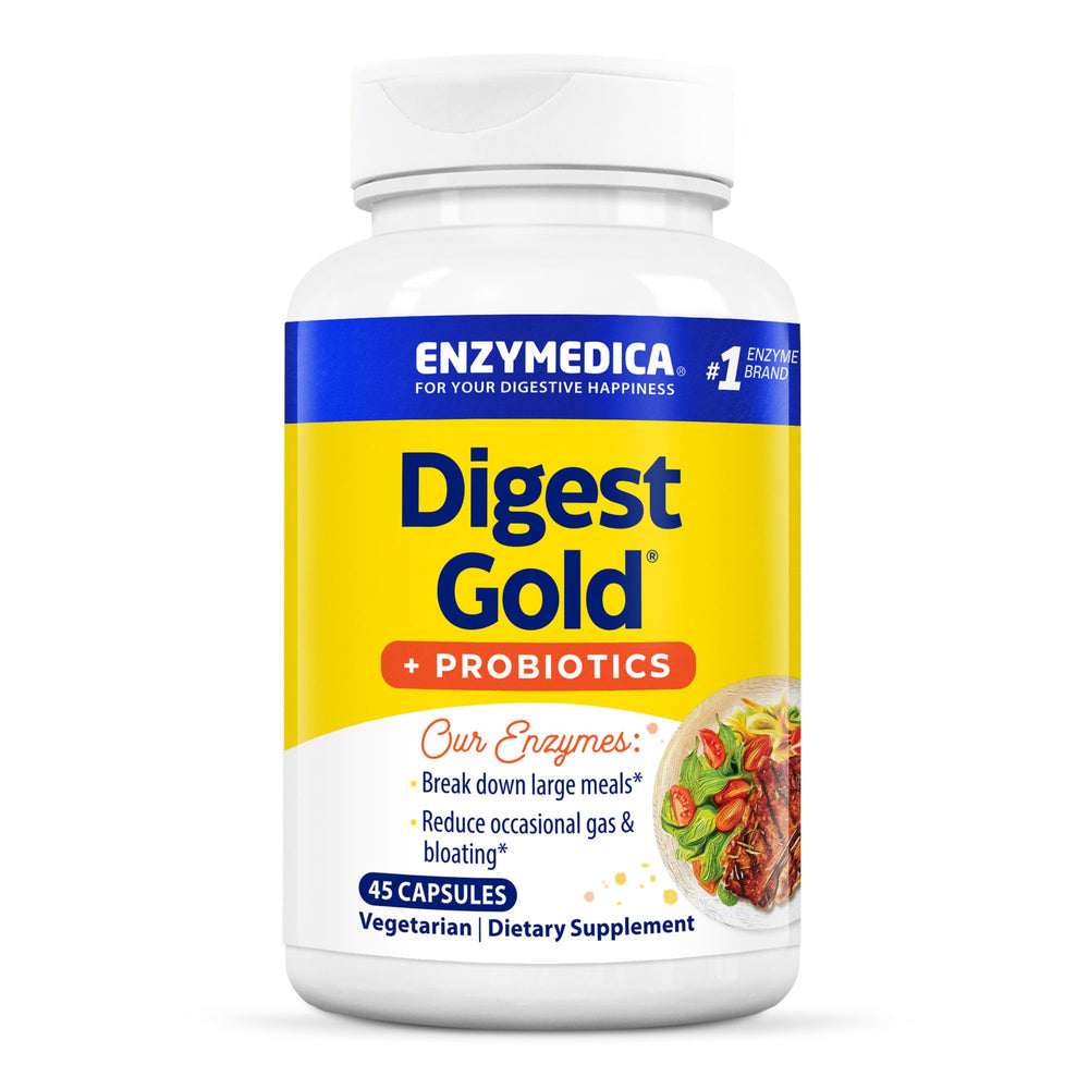 Enzymedica Digest Gold bottle front shows dual digestive support.
