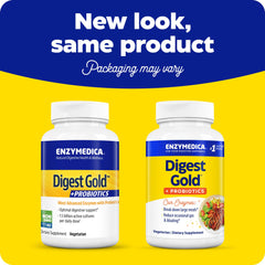 Enzymedica Digest Gold capsules close-up highlights daily dosing for gut health.