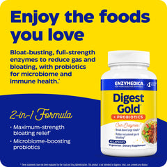 Enzymedica Digest Gold capsules illustrate enzyme-probiotic synergy for digestion.