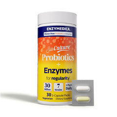 Enzymedica Dinner Duo bottle shows label; supports comfortable digestion.