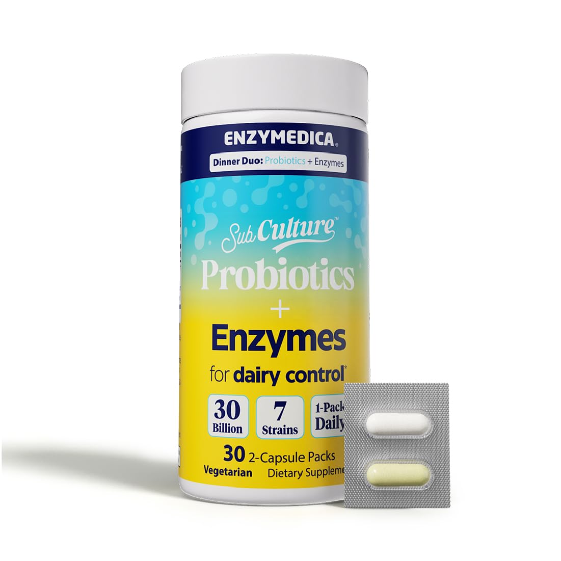 Enzymedica Dinner Duo Dairy Control container with packets for daily dairy digestion.