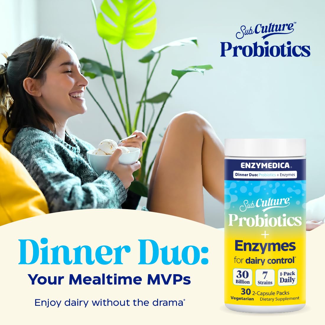 Graphic representation of Enzymedica Dinner Duo probiotic strains supporting gut balance.