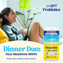 Graphic representation of Enzymedica Dinner Duo probiotic strains supporting gut balance.